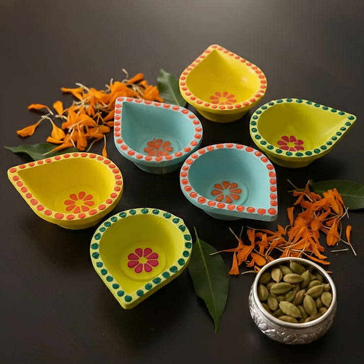 Hand-Painted Floral Theme Terracotta Diyas  | Set Of 6