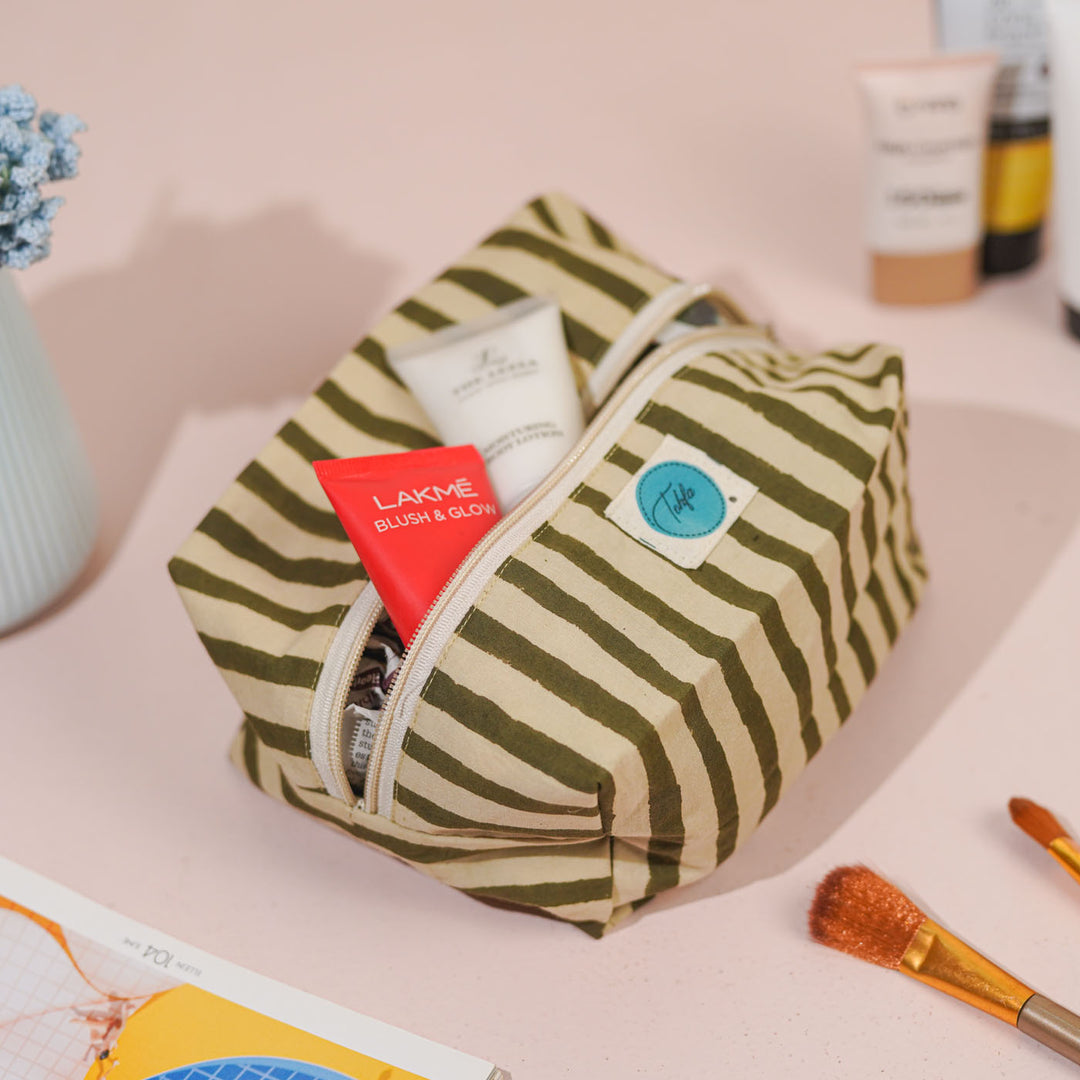 Green & White Stripes Cotton Infinity Pouch