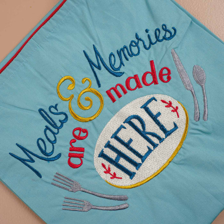 Personalized Embroidered Blue "Meals & Memories Are Made Here" Apron
