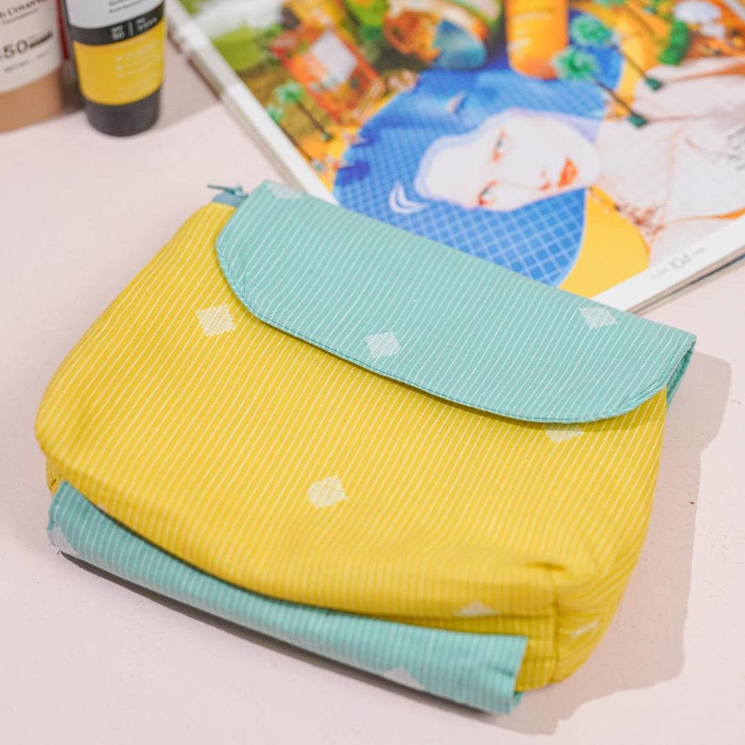 Yellow & Pastel Blue Flap Cotton Makeup Pouch