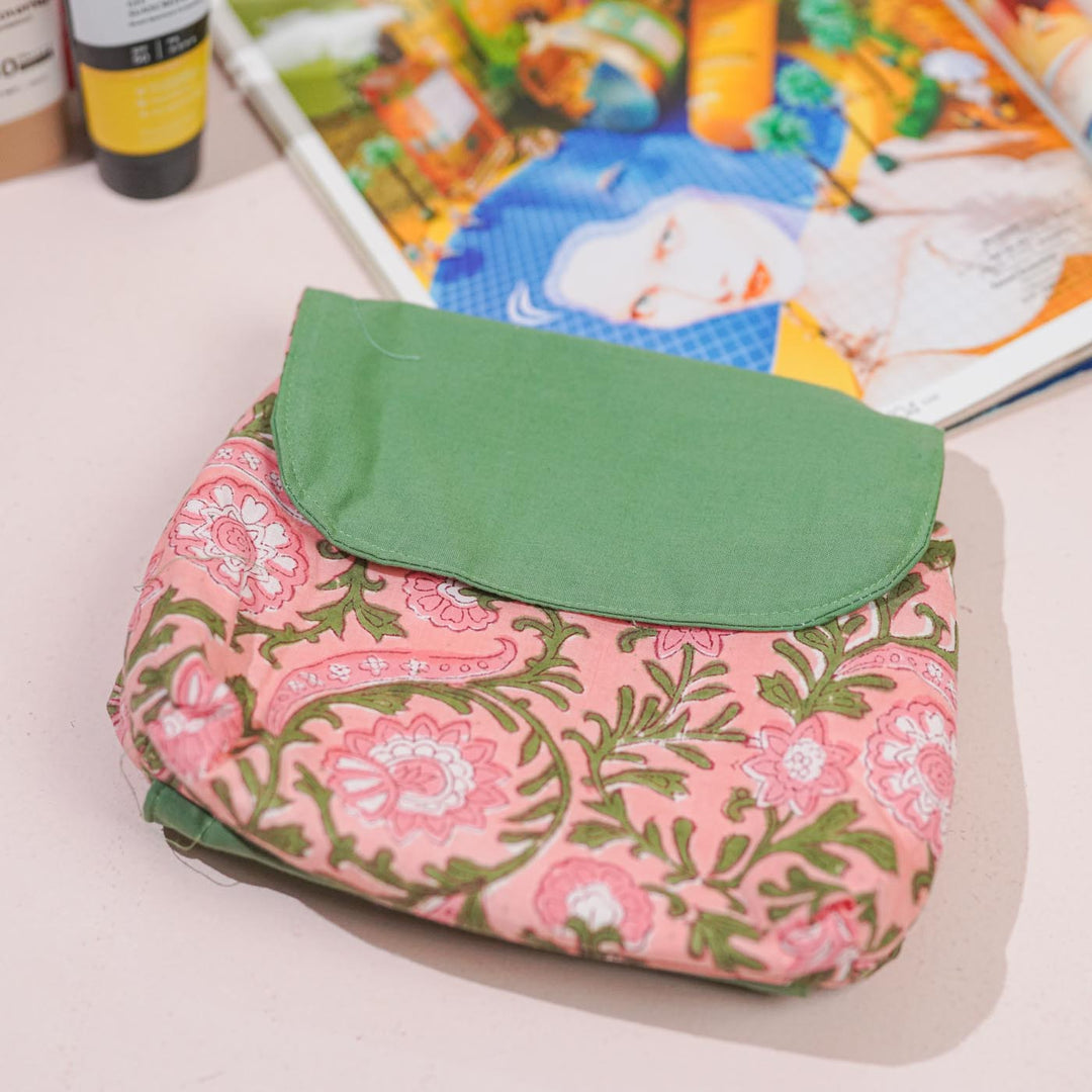 Pink & Green Floral Cotton Makeup Pouch
