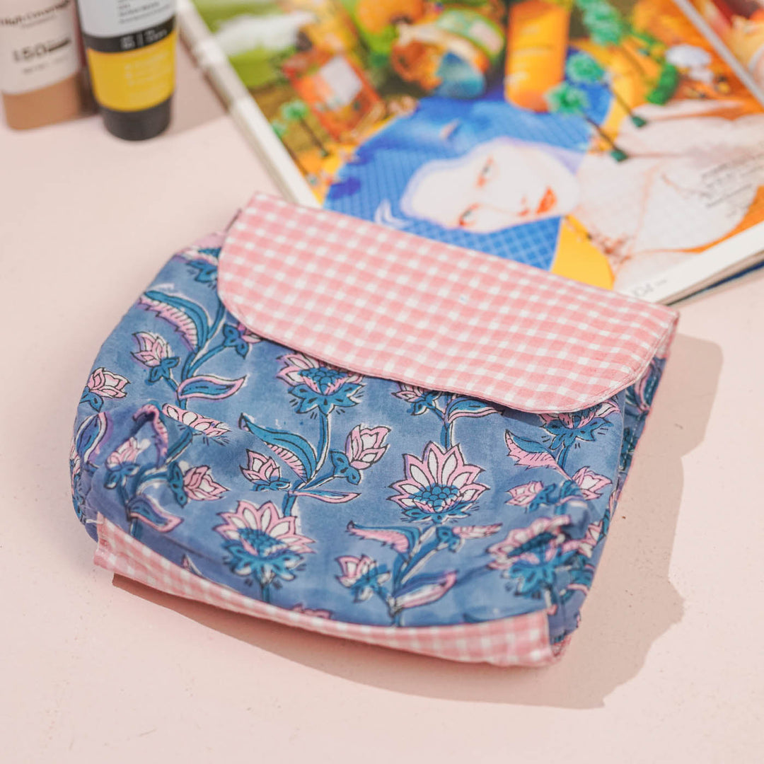 Blue & Pink Floral Cotton Makeup Pouch