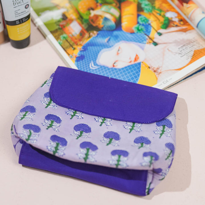 Purple Floral Flap Cotton Makeup Pouch