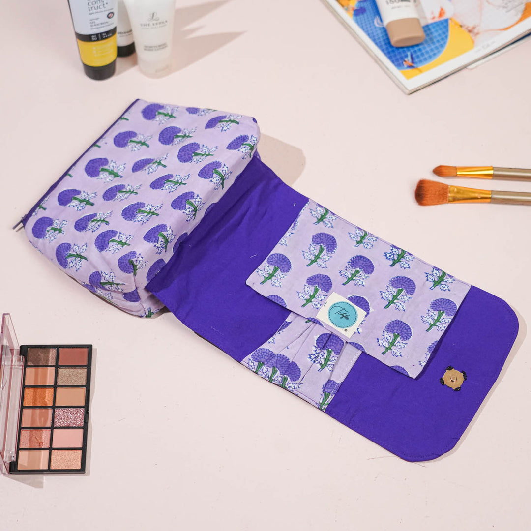 Purple Floral Flap Cotton Makeup Pouch