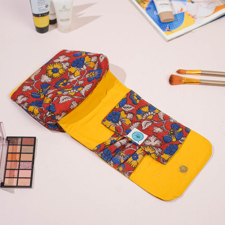 Red & Yellow Floral Cotton Makeup Pouch