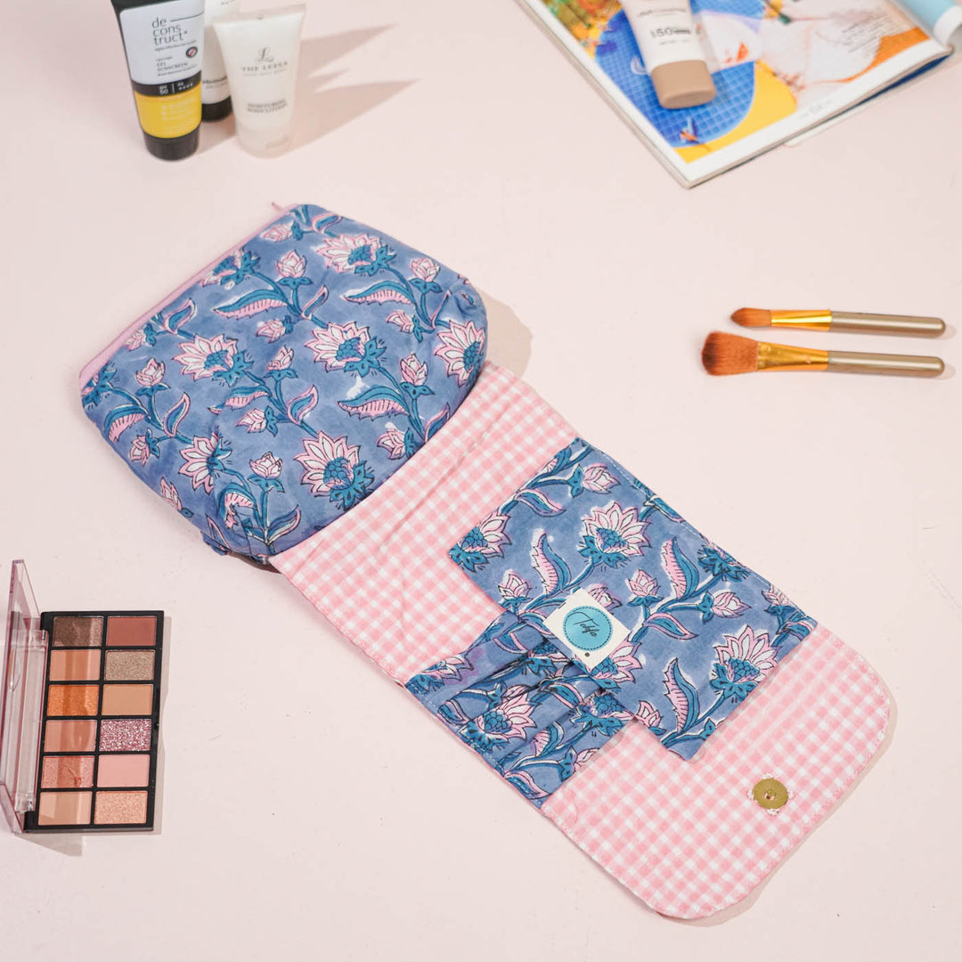Blue & Pink Floral Cotton Makeup Pouch