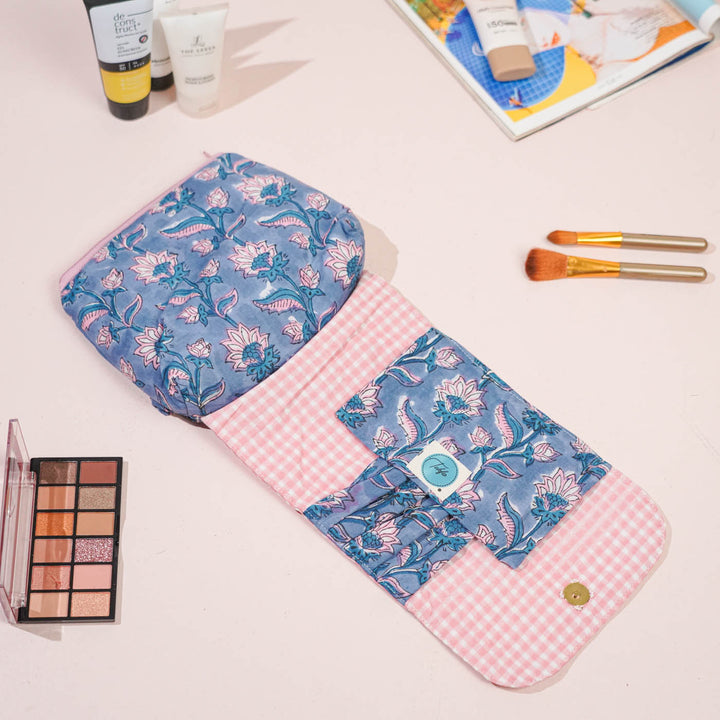 Blue & Pink Floral Cotton Makeup Pouch