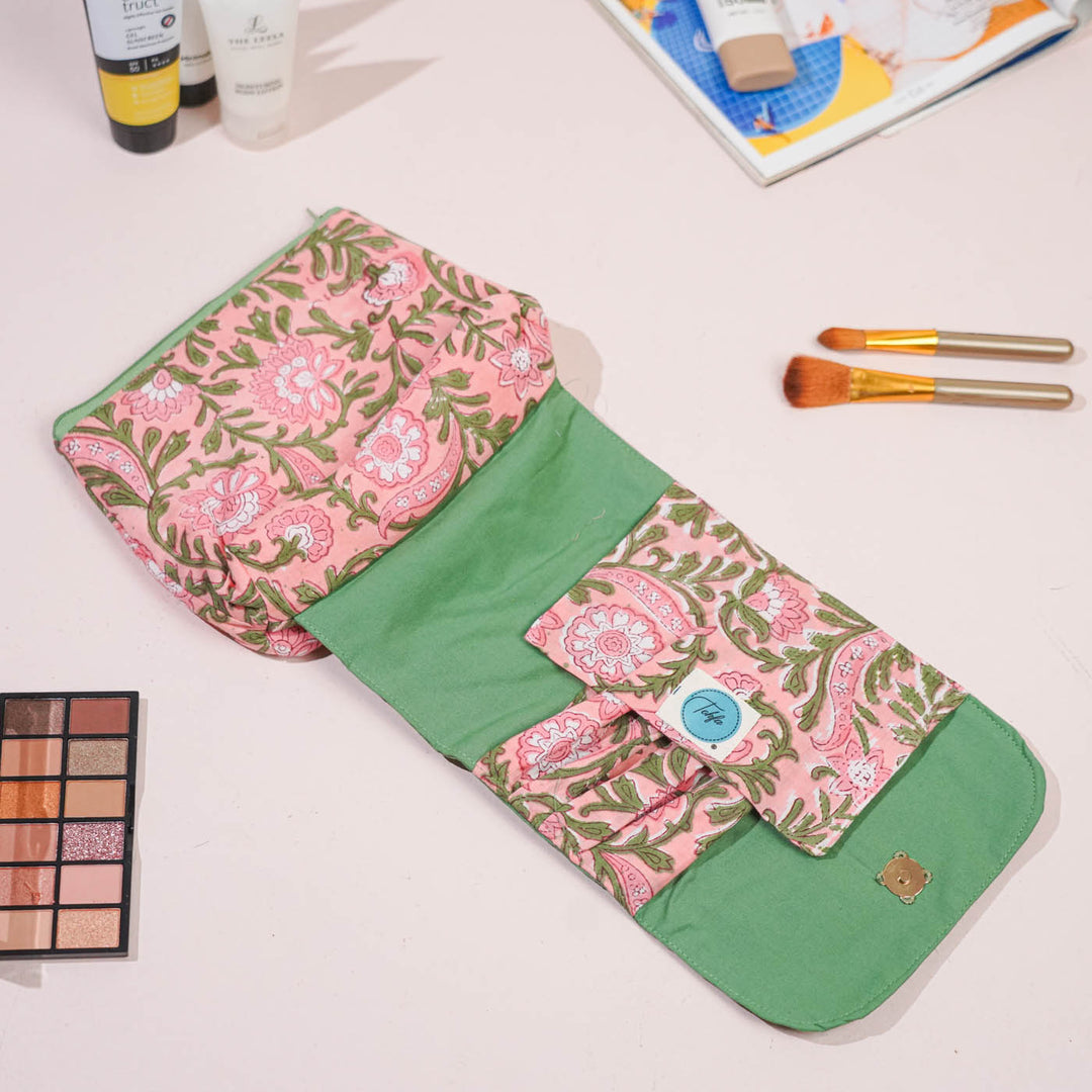 Pink & Green Floral Cotton Makeup Pouch