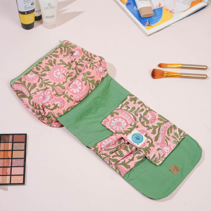 Pink & Green Floral Cotton Makeup Pouch