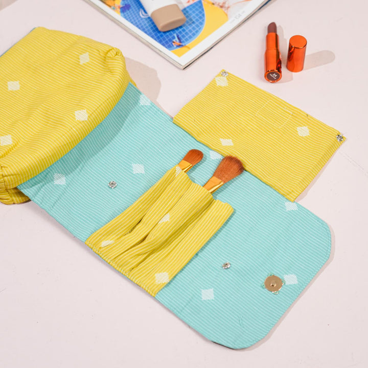 Yellow & Pastel Blue Flap Cotton Makeup Pouch