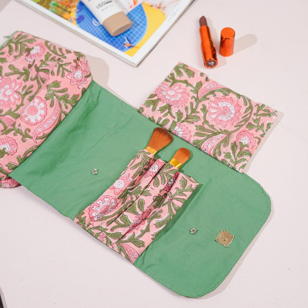 Pink & Green Floral Cotton Makeup Pouch