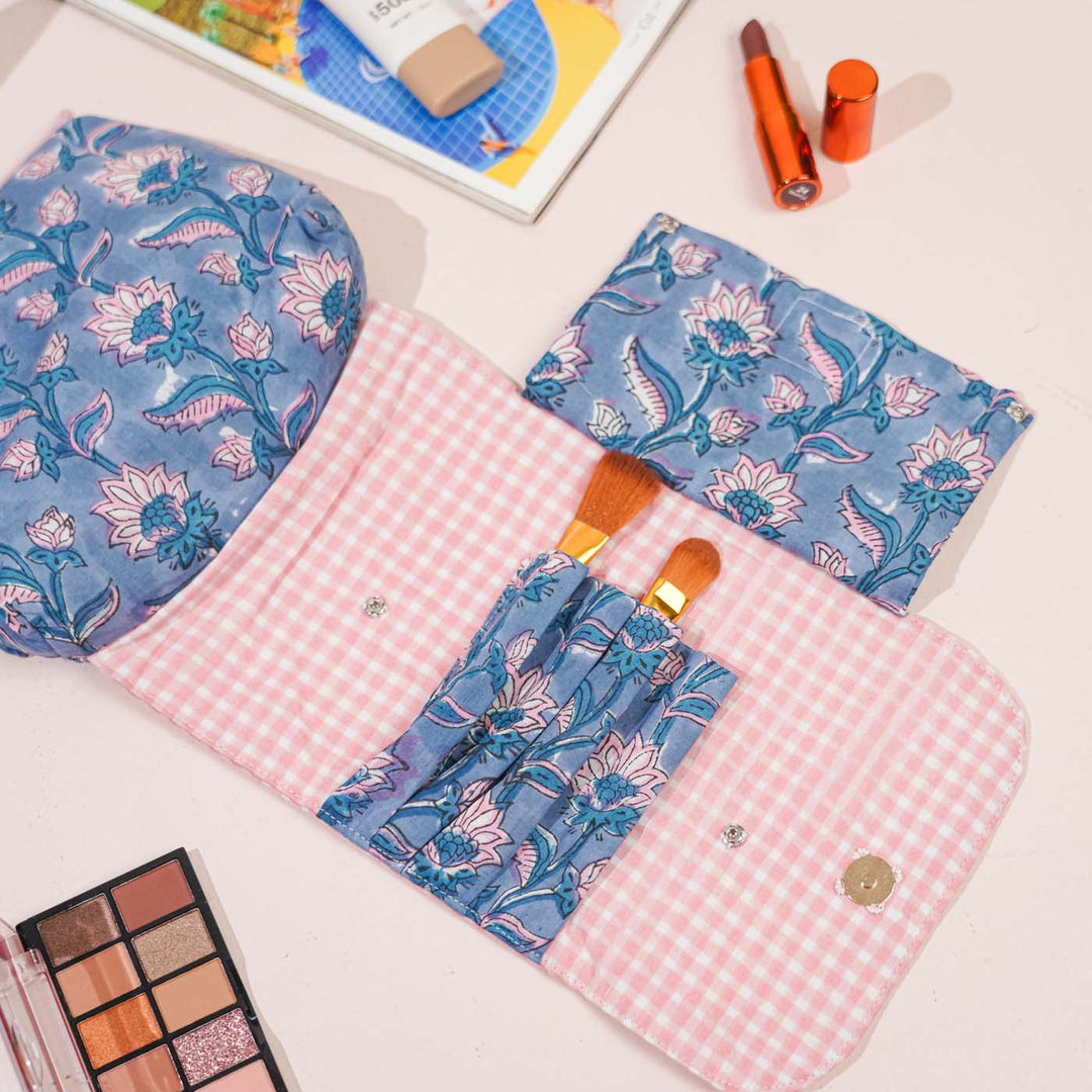 Blue & Pink Floral Cotton Makeup Pouch