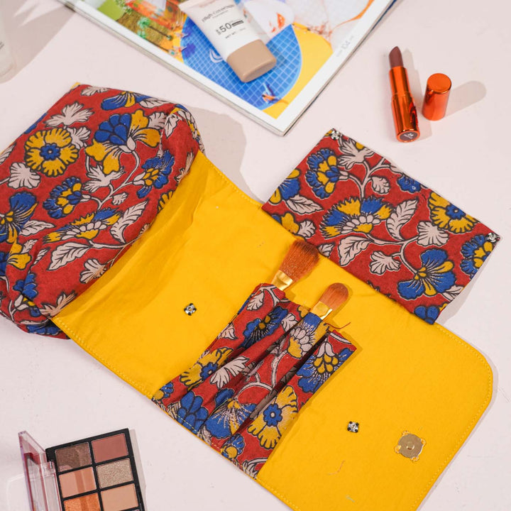 Red & Yellow Floral Cotton Makeup Pouch