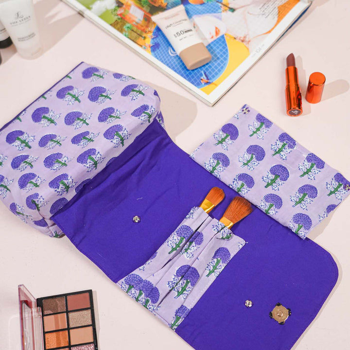Purple Floral Flap Cotton Makeup Pouch