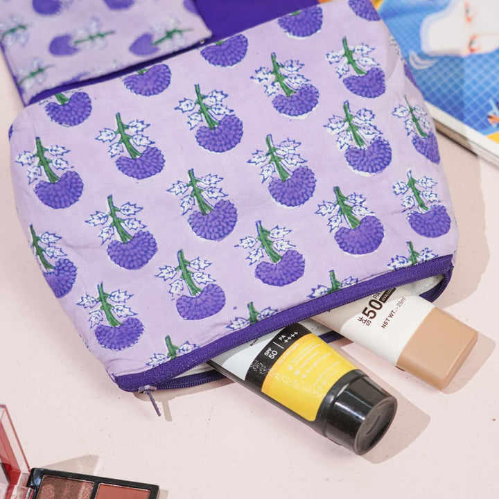 Purple Floral Flap Cotton Makeup Pouch