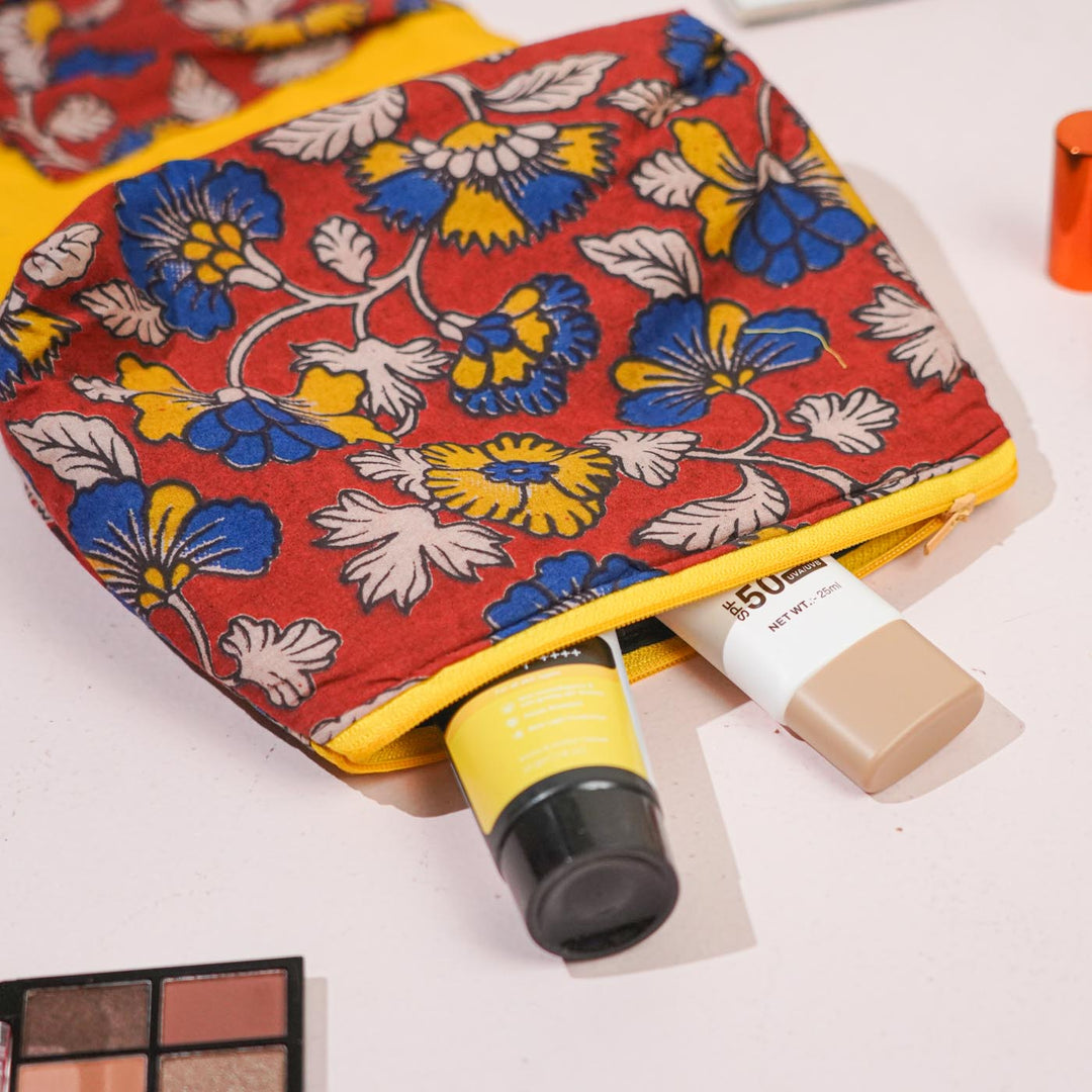 Red & Yellow Floral Cotton Makeup Pouch