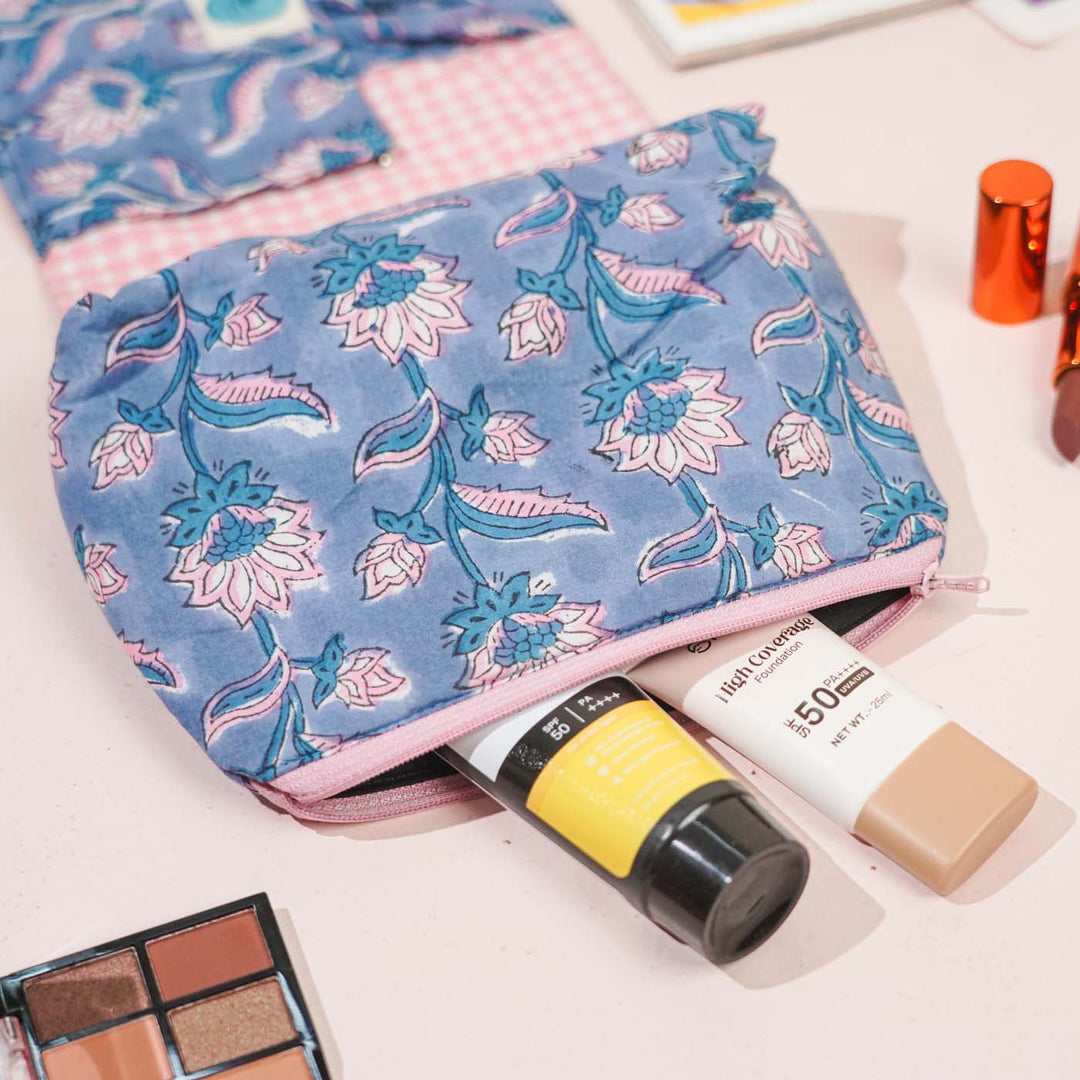 Blue & Pink Floral Cotton Makeup Pouch