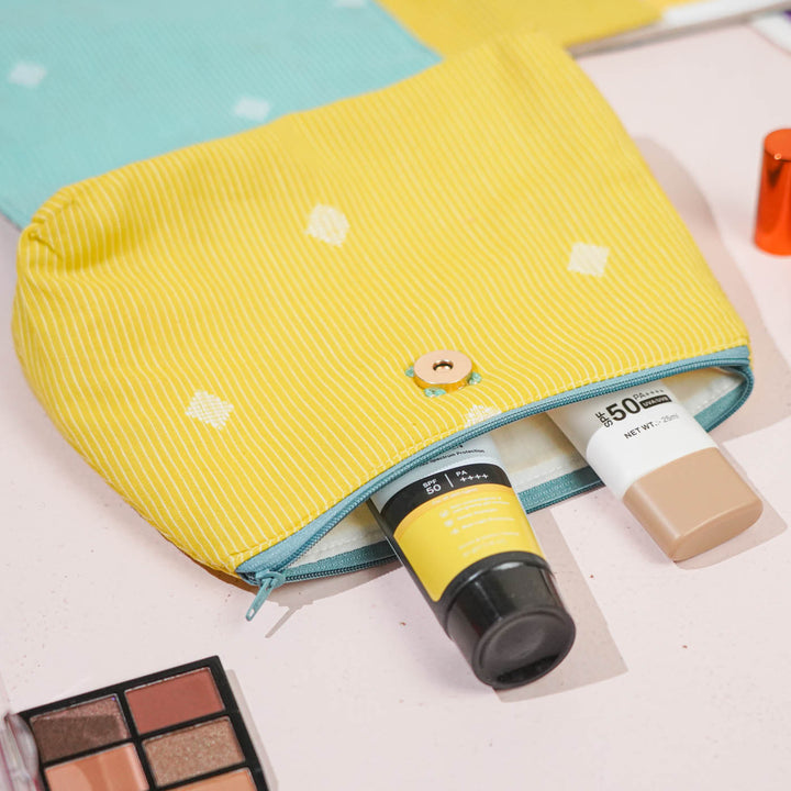 Yellow & Pastel Blue Flap Cotton Makeup Pouch