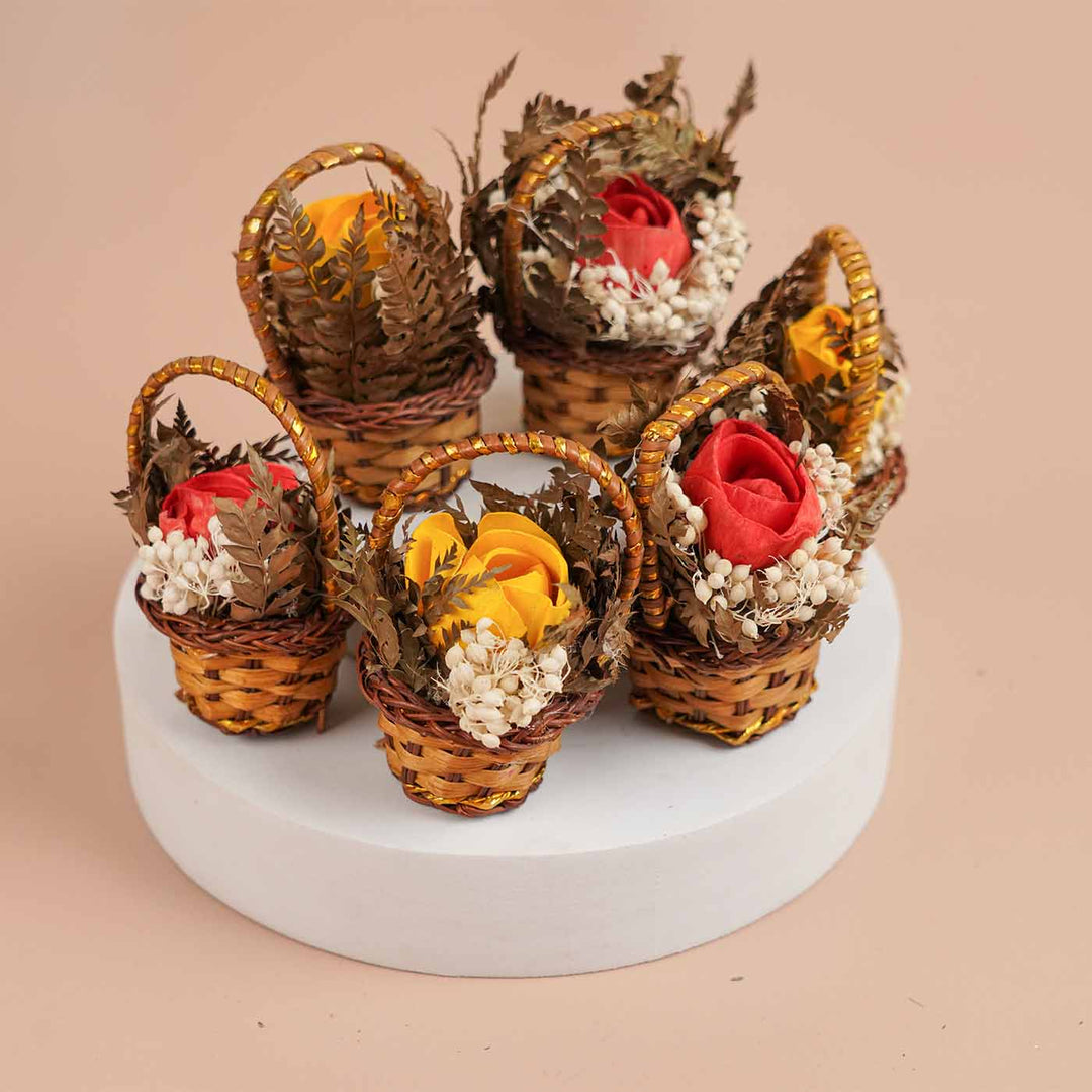 Handmade Mini Red And Yellow Dried Flower Bouquet In Willow Basket | Set Of 6