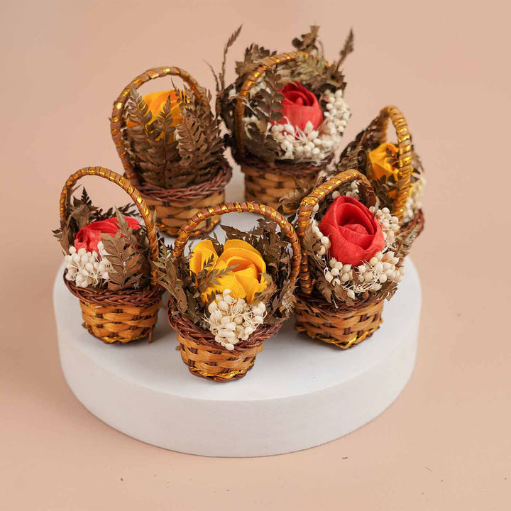 Handmade Mini Red And Yellow Dried Flower Bouquet In Willow Basket | Set Of 6