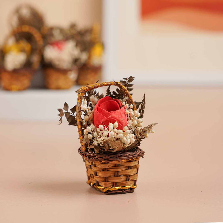 Handmade Mini Red And Yellow Dried Flower Bouquet In Willow Basket | Set Of 6