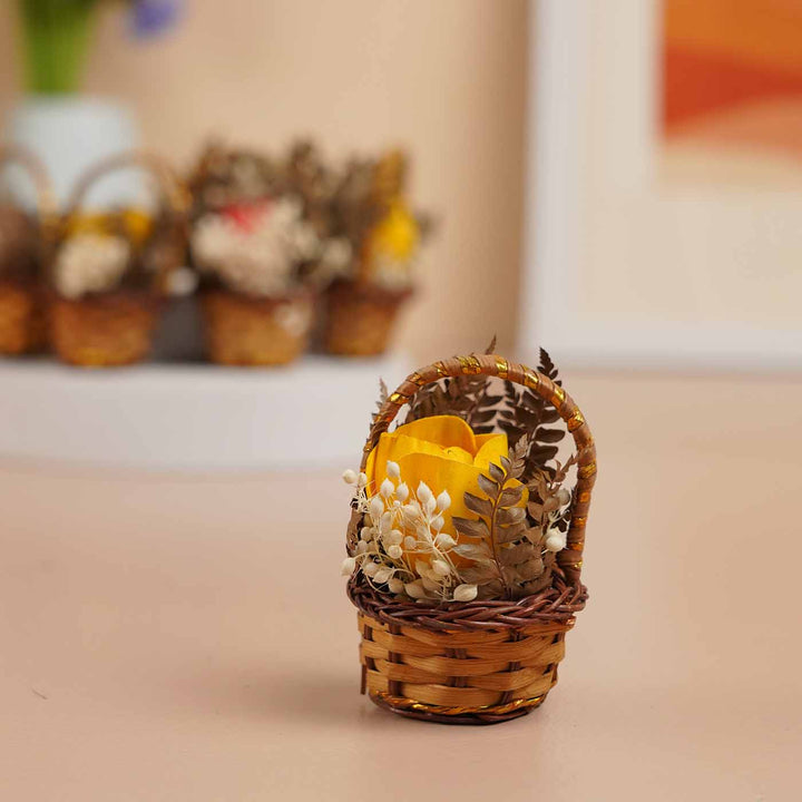 Handmade Mini Red And Yellow Dried Flower Bouquet In Willow Basket | Set Of 6