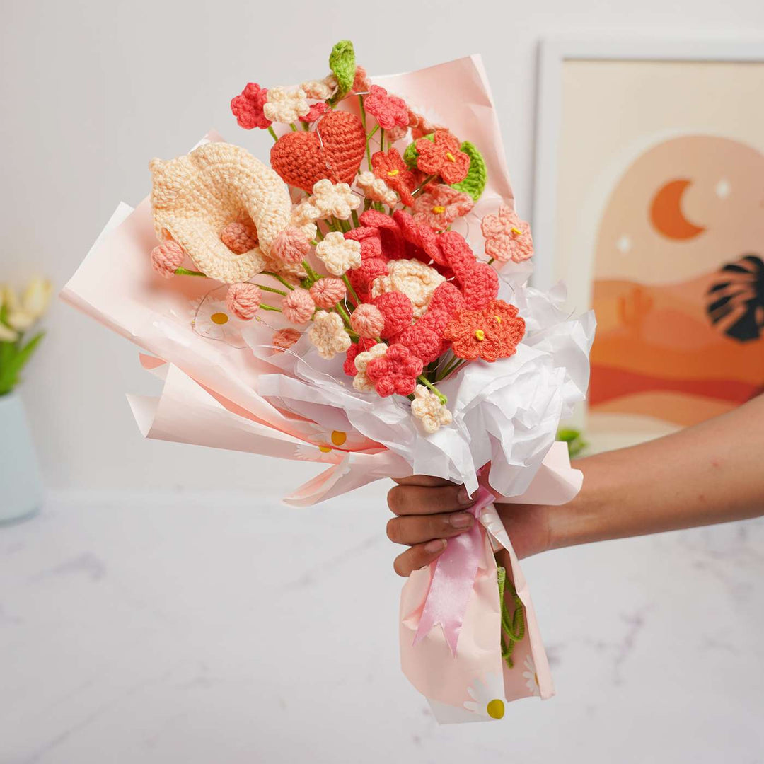 Handmade Crochet Peach Flower Bouquet With Lights