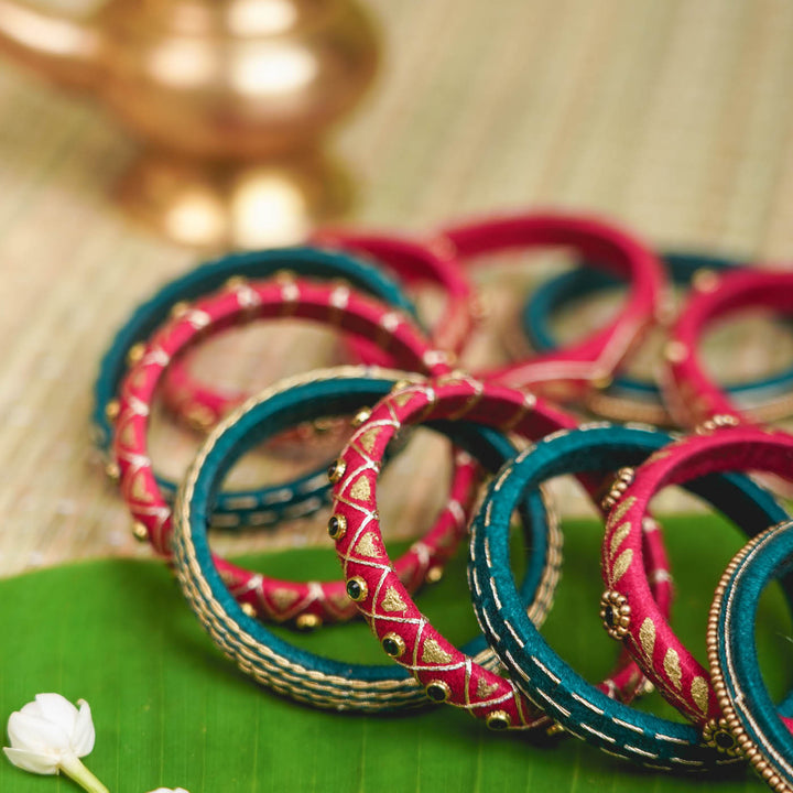 Red & Green Handcrafted Beaded Stone Bangles | Set of 11