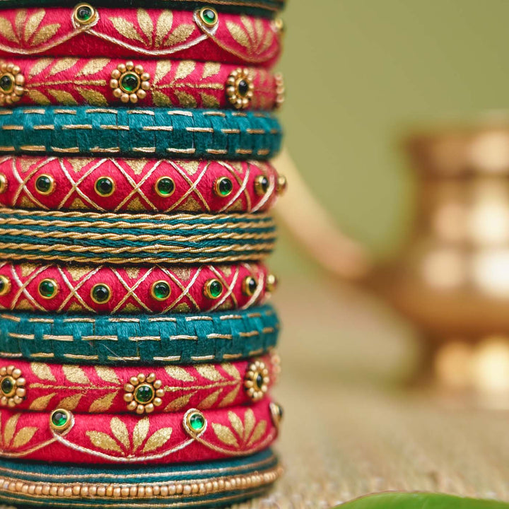 Red & Green Handcrafted Beaded Stone Bangles | Set of 11