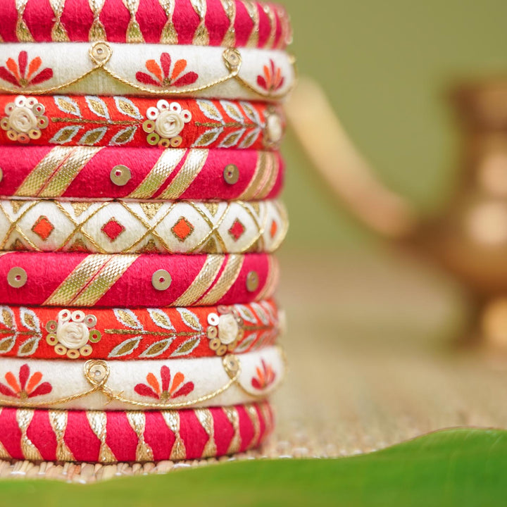 Red & White Handcrafted Elegant Gotta Patti Bangles | Set of 9