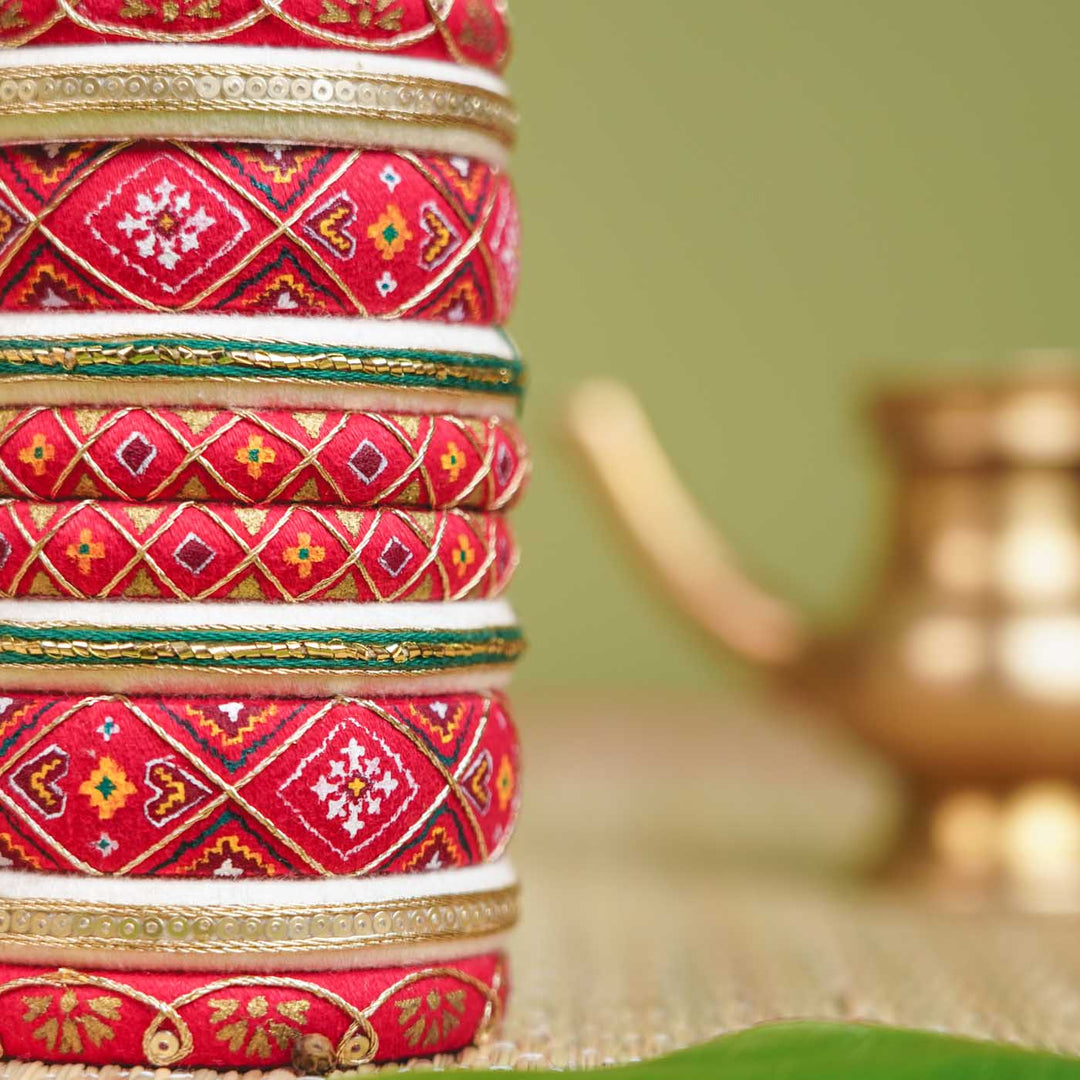 Red & White Handcrafted Elegant Patoda Bangles | Set of 10