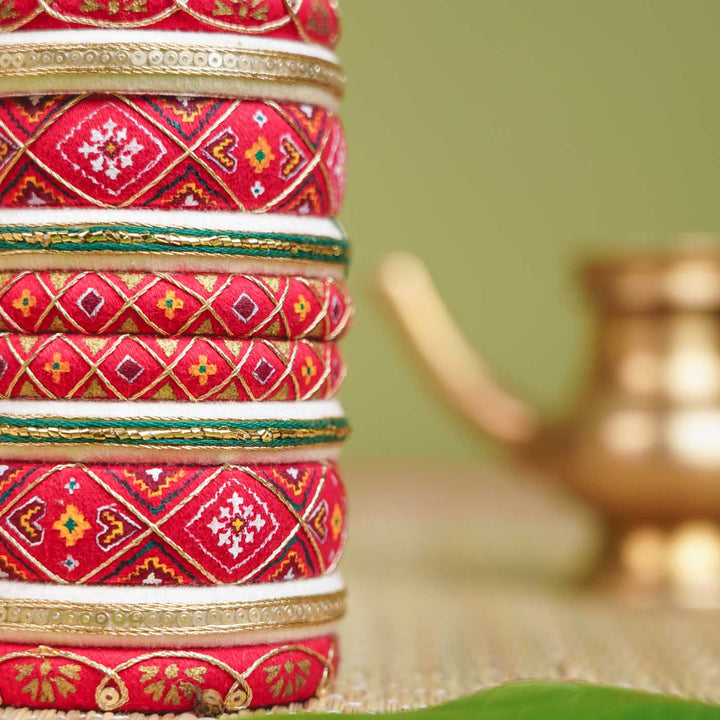 Red & White Handcrafted Elegant Patoda Bangles | Set of 10