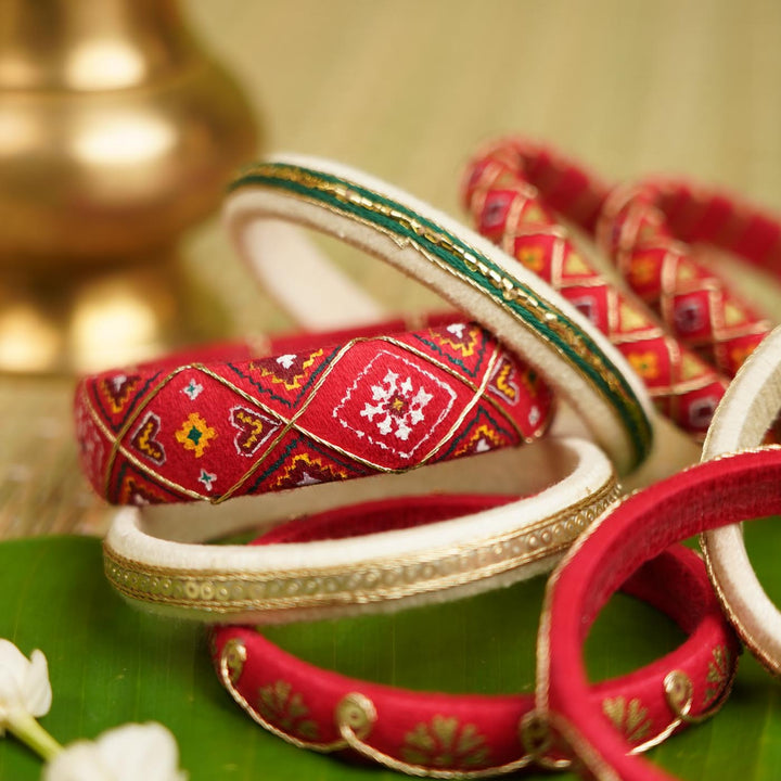Red & White Handcrafted Elegant Patoda Bangles | Set of 10