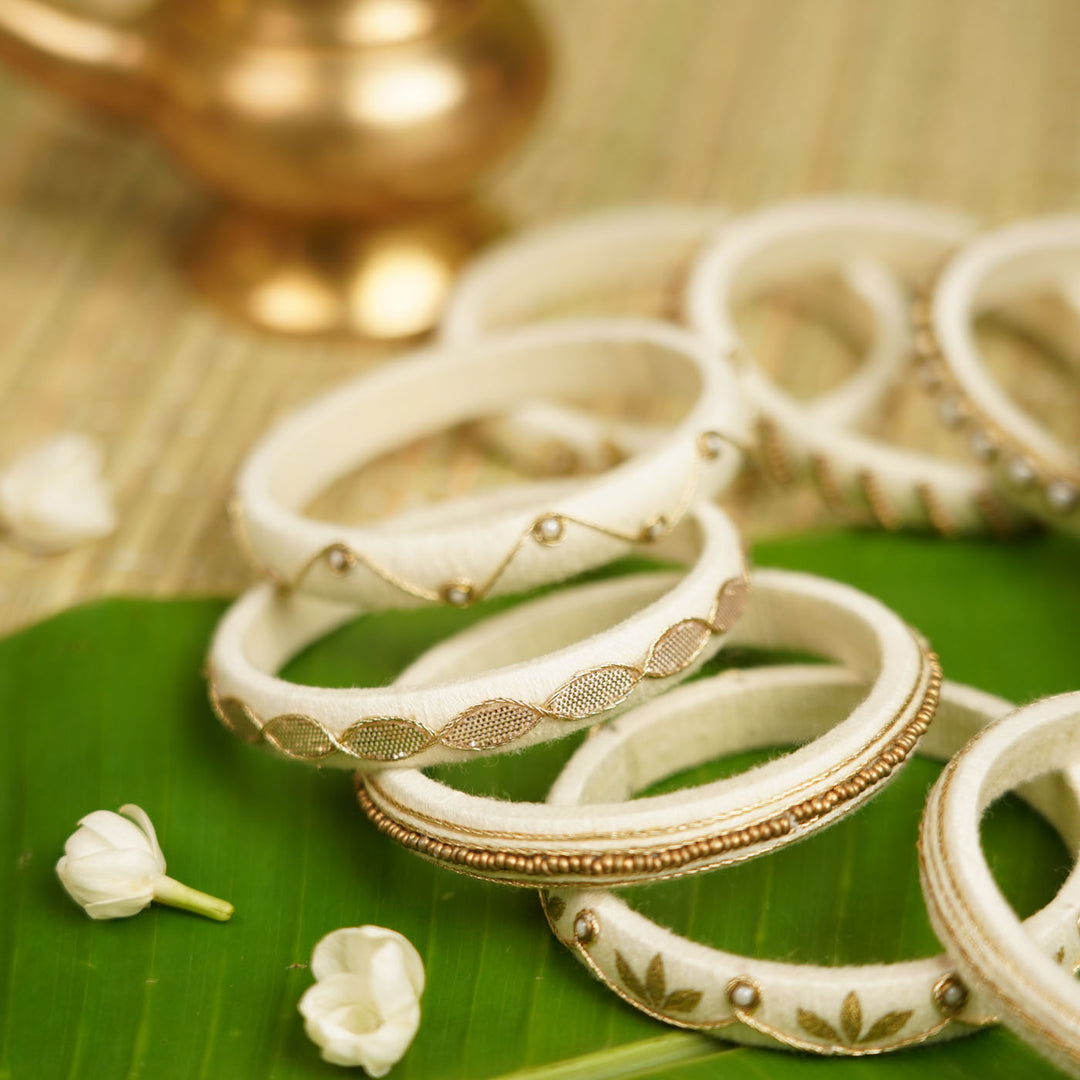 White Handcrafted Small Beads & Sequin Bangles | Set of 12