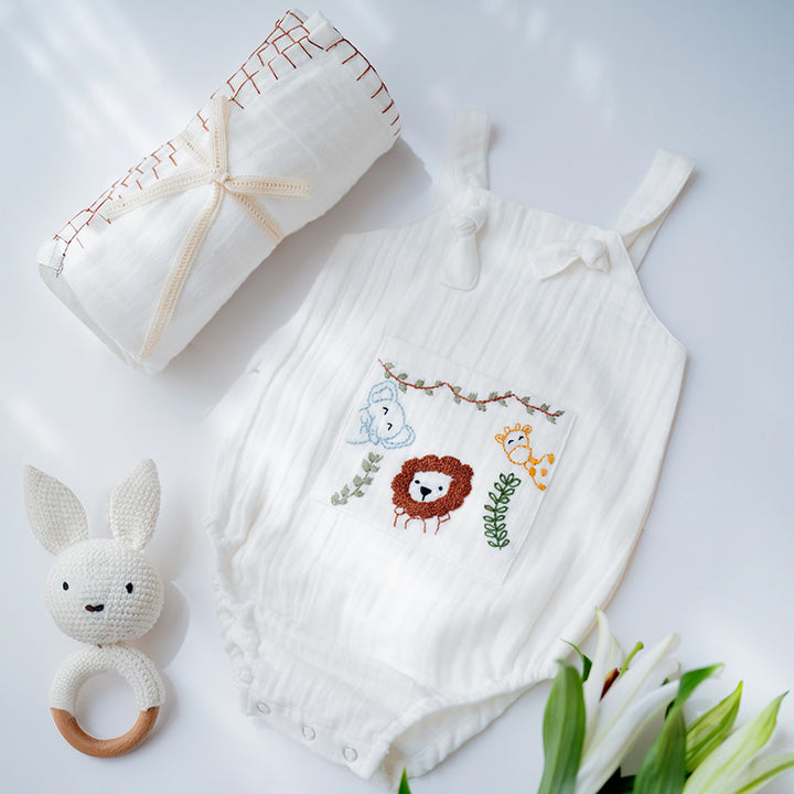 Little Meadows Baby Boy Gift Hamper | Romper, Swaddle & Bunny Rattle