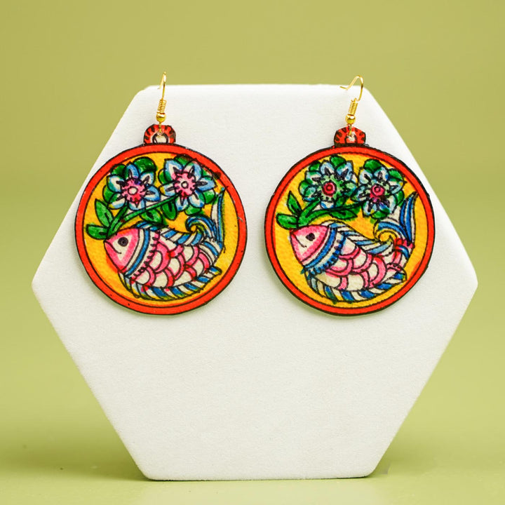 Hand-Painted Round Fish Theme Leather Earrings