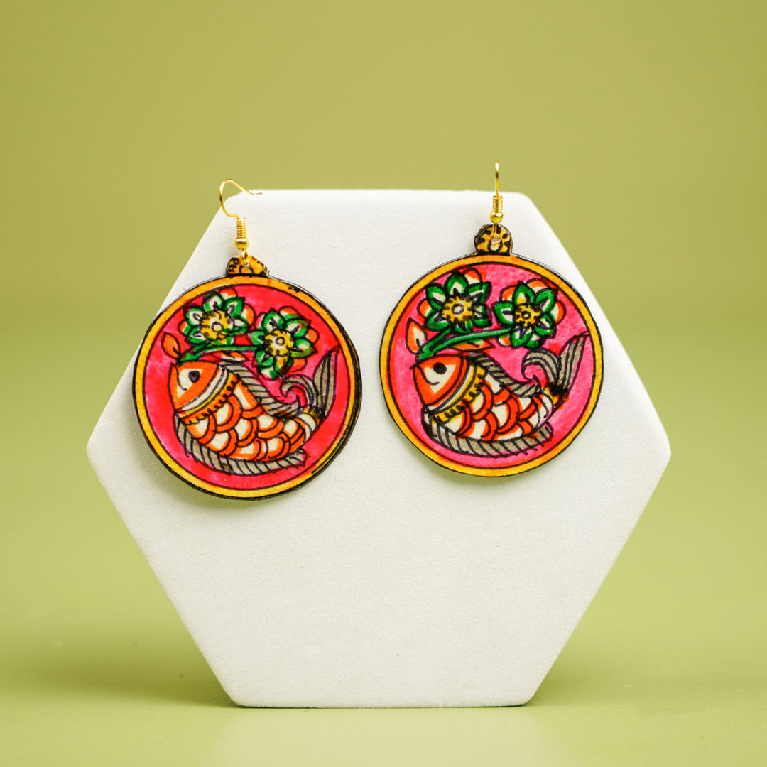 Hand-Painted Round Fish Theme Leather Earrings