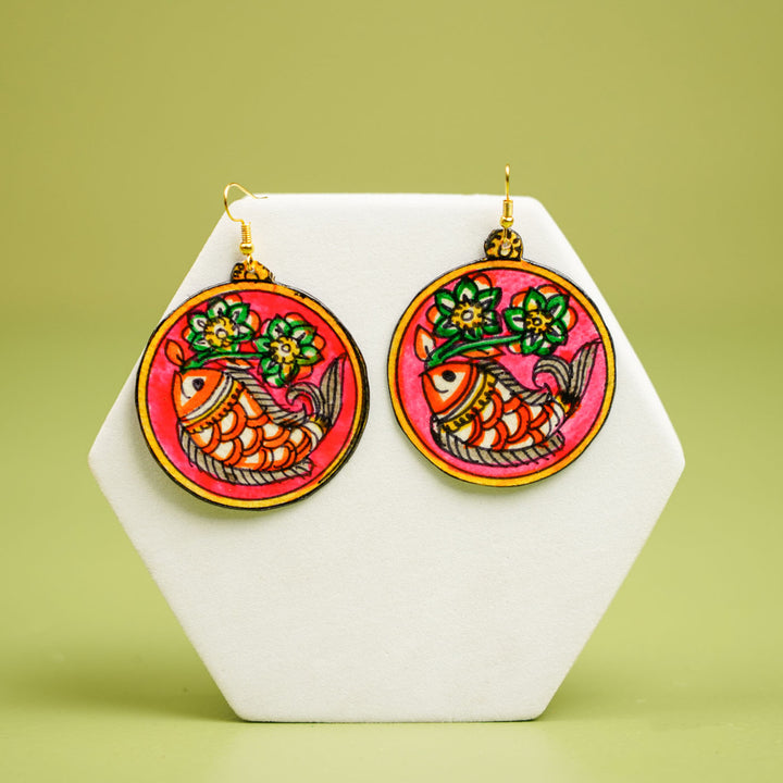 Hand-Painted Round Fish Theme Leather Earrings