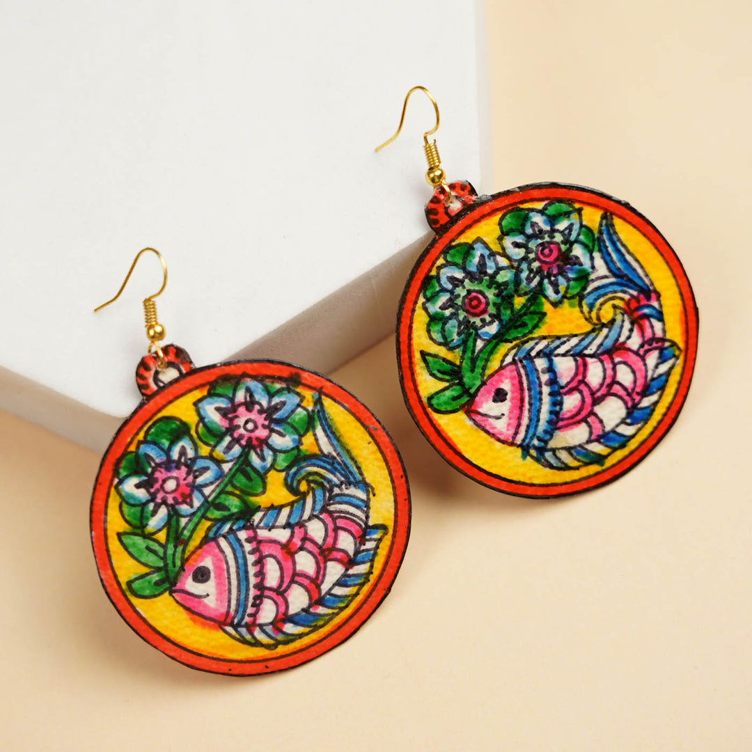 Hand-Painted Round Fish Theme Leather Earrings