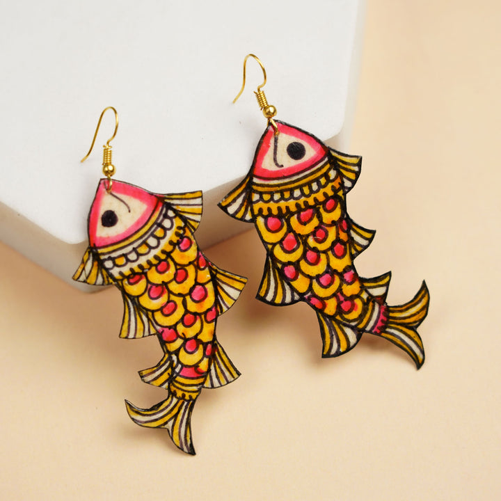 Hand-Painted Yellow & Pink Fish Shaped Leather Earrings