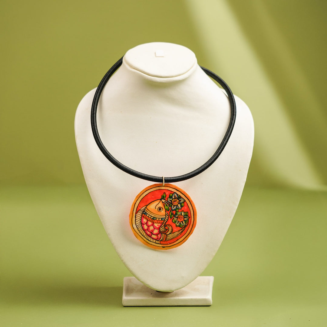 Hand-Painted Madhubani Fish Theme Leather Necklace