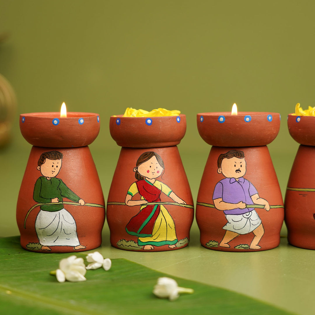 Hand-painted Clay Tug of War Theme Tealight Holders| Set of 7