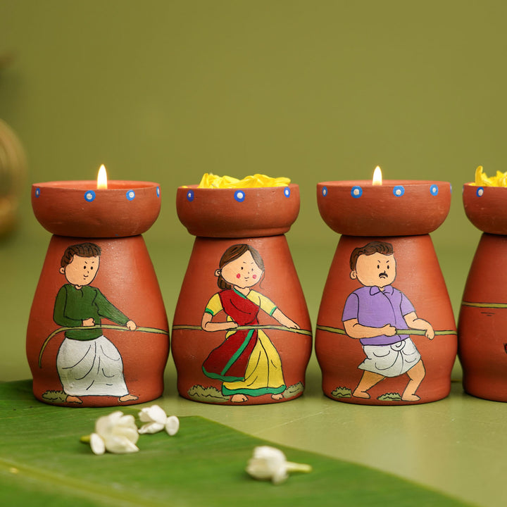 Hand-painted Clay Tug of War Theme Tealight Holders| Set of 7
