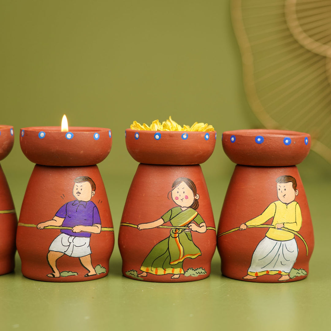 Hand-painted Clay Tug of War Theme Tealight Holders| Set of 7