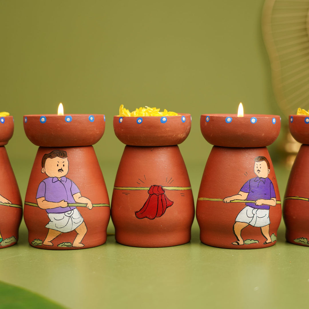 Hand-painted Clay Tug of War Theme Tealight Holders| Set of 7