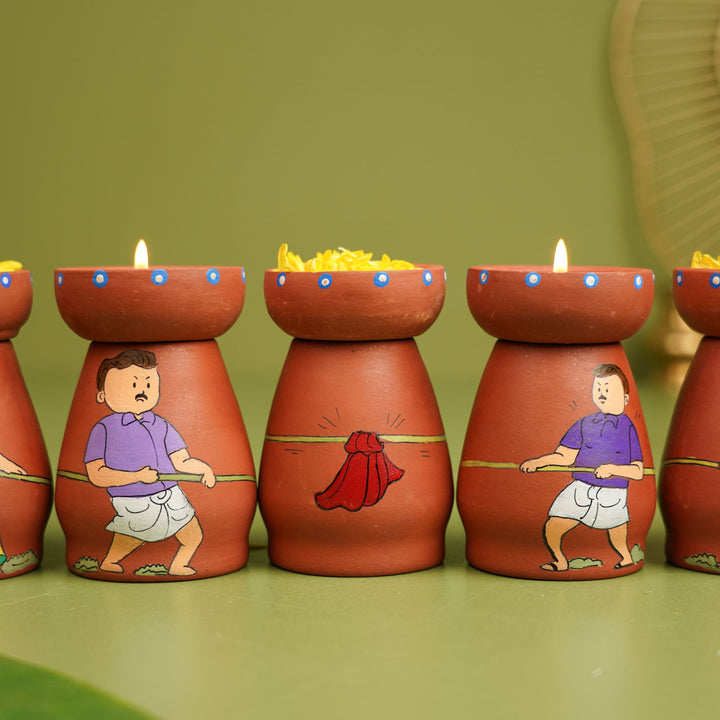 Hand-painted Clay Tug of War Theme Tealight Holders| Set of 7