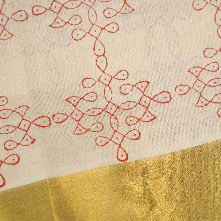 Rangoli Motif Saree | Hand Block Printed Pure Cotton Kerala Kasavu Saree | Onam Special | 5.5m + 80cm Blouse Piece