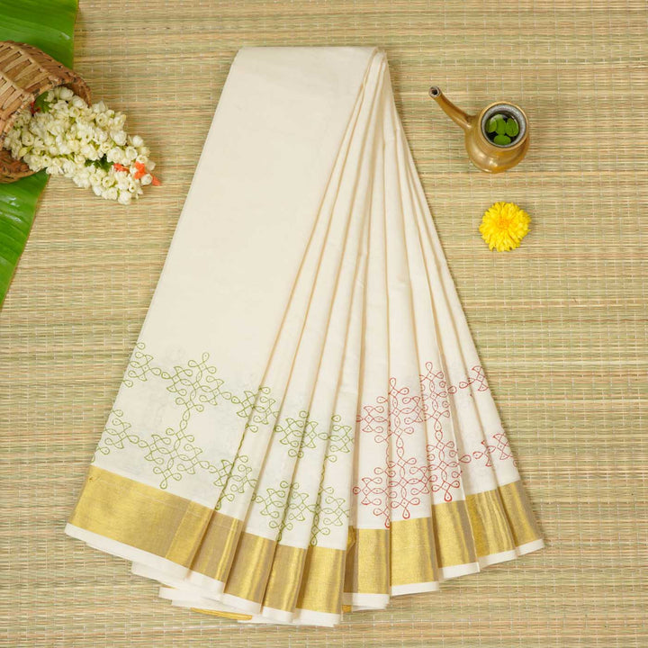 Rangoli Motif Saree | Hand Block Printed Pure Cotton Kerala Kasavu Saree | Onam Special | 5.5m + 80cm Blouse Piece