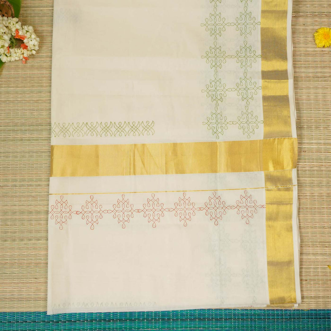 Rangoli Motif Saree | Hand Block Printed Pure Cotton Kerala Kasavu Saree | Onam Special | 5.5m + 80cm Blouse Piece
