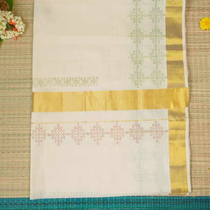 Rangoli Motif Saree | Hand Block Printed Pure Cotton Kerala Kasavu Saree | Onam Special | 5.5m + 80cm Blouse Piece